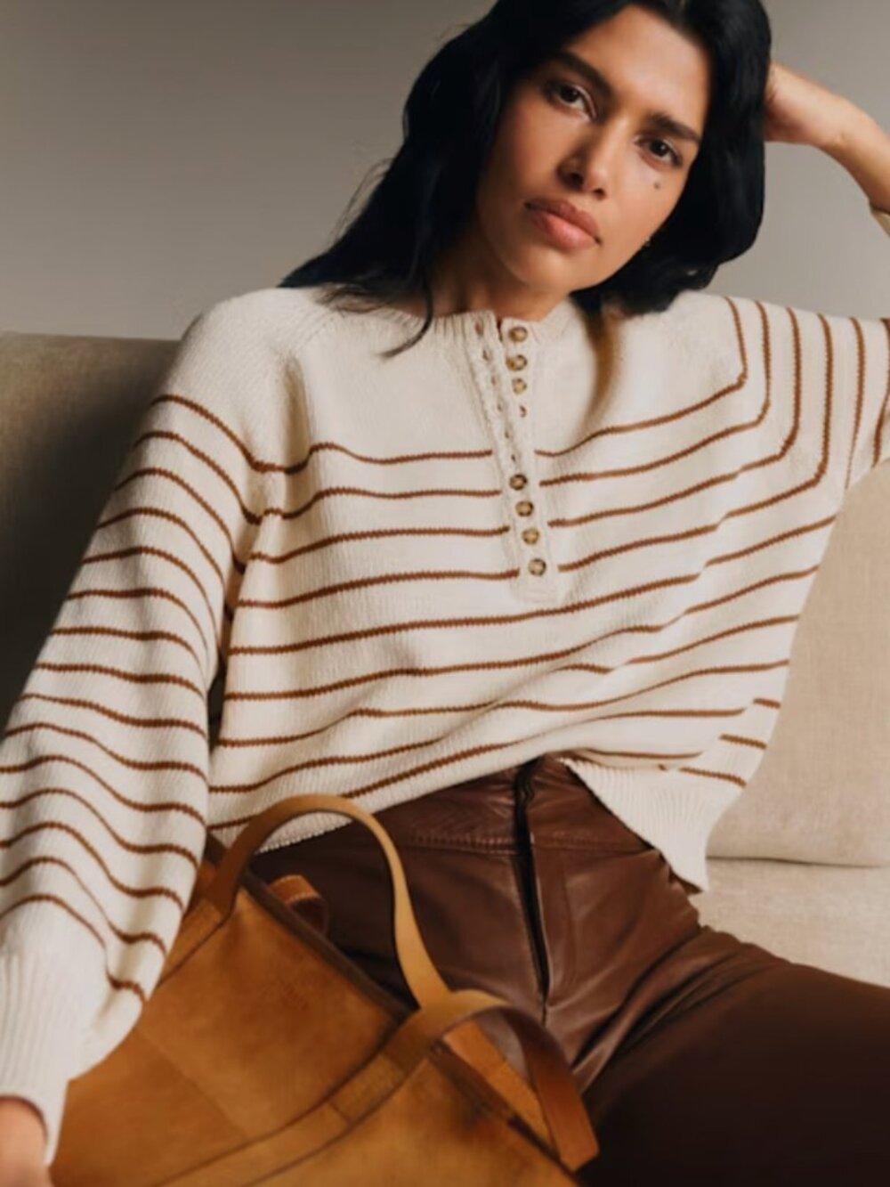 Sezane Leontine Ecru and Camel Striped Button-Neck Sweater